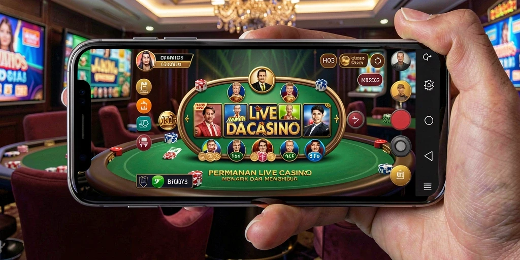 Screenshot gameplay H03 menampilkan dealer cantik dan suasana kasino yang hidup.