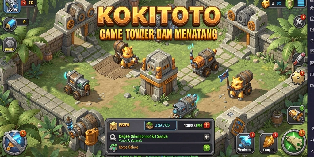 Tampilan gameplay KOKITOTO dengan menara menghadapi gelombang musuh.
