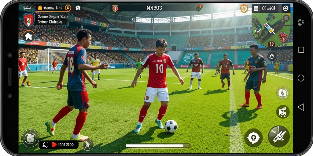 Tampilan gameplay dari NX303 yang menegangkan dalam permainan sepak bola.