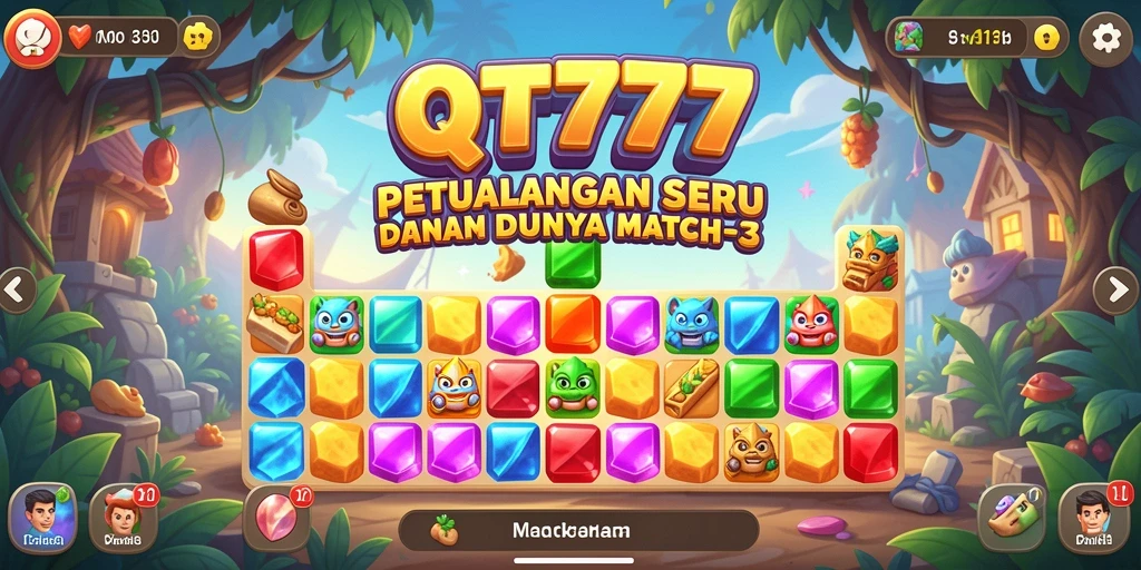 Screenshot utama QT777 menampilkan gameplay seru Match-3 yang penuh warna.